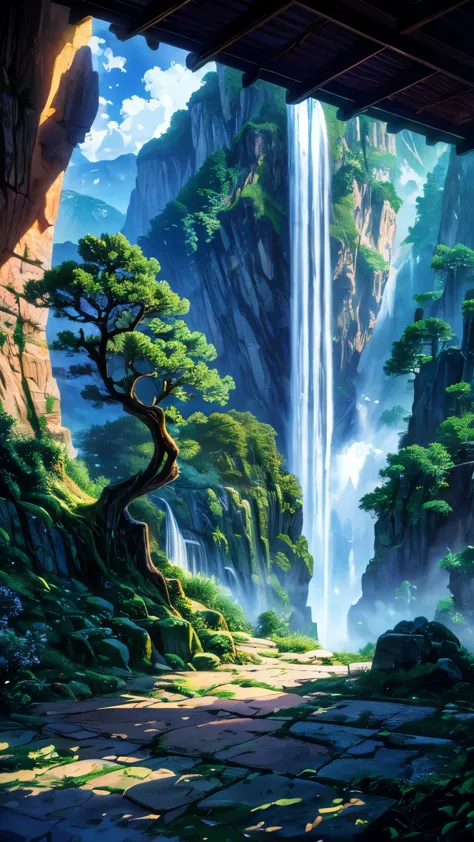 painting of a tree on a cliff with a waterfall in the background, fantasy tree, made of tree and fantasy valley, whimsical fanta...