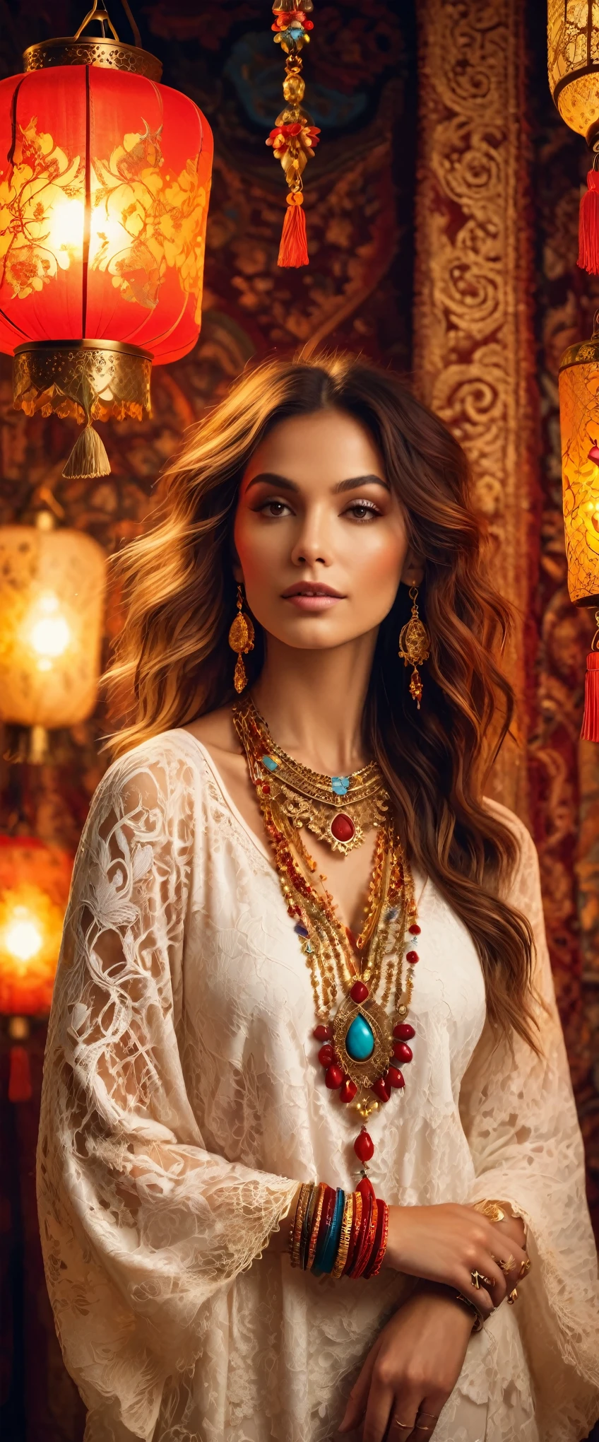 A bohemian-inspired fashion scene featuring a woman wearing a white lace tunic with intricate patterns. She stands against a backdrop of rich, deep red and gold tapestry, with an array of colorful and exotic jewelry adorning her neck and wrists. The scene is illuminated by the soft light of hanging lanterns, creating a warm and inviting atmosphere.
