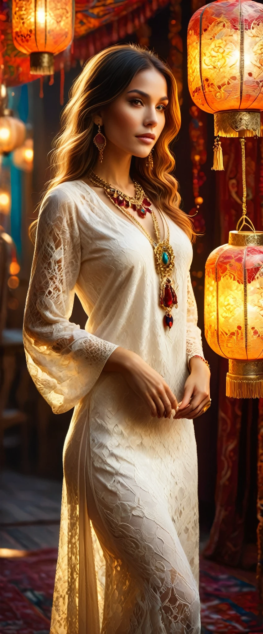 A bohemian-inspired fashion scene featuring a woman wearing a white lace tunic with intricate patterns. She stands against a backdrop of rich, deep red and gold tapestry, with an array of colorful and exotic jewelry adorning her neck and wrists. The scene is illuminated by the soft light of hanging lanterns, creating a warm and inviting atmosphere.,,(masterpiece:1.3),(highest quality:1.4),(ultra detailed:1.5),High resolution,extremely detailed,unity 8k wallpaper,