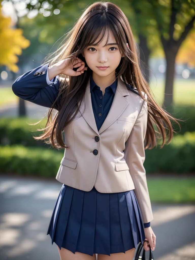 (8k, RAW Photos, highest quality, Tabletop:1.2), (Realistic, Photorealistic:1.4), (Highly detailed 8k wallpaper), Sharp focus, Depth of written boundary,highest quality, Very detailed, Beautiful and detailed, (Brown Hair), Natural color lip, (smile), (Wears a navy blue school blazer uniform:1.3), (Long Bob Hair:1.3), Standing in the park, (The wind is blowing、A navy blue and pink checked miniskirt flips up), 18 year old girl, Backlight