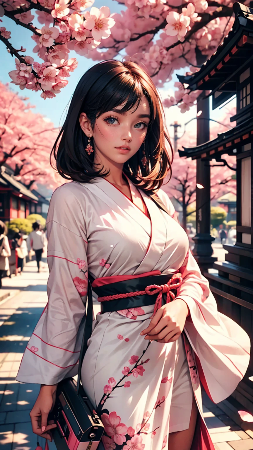 Retro Photography, 1960s , Agfa, Kodak, One girl,  Portraiture, Looking_in_Audience,  smile,  Japan, Tokyo, Cherry Blossom,  Octane Rendering,  一人in, rtrophto1