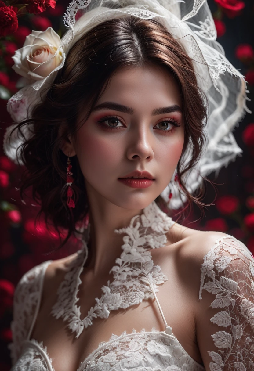 White Lace, a white lace rose, intricate lace skull pattern, dark red solid background, extremely detailed, (best quality,4k,8k,highres,masterpiece:1.2),ultra-detailed,(realistic,photorealistic,photo-realistic:1.37),HDR,UHD,studio lighting,ultra-fine painting,sharp focus,physically-based rendering,extreme detail description,professional,vivid colors,bokeh,horror,dark,moody,dramatic lighting