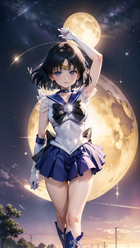 (full body)，high resolution，detailed description，highest quality，(sailor senshi uniform),sailor saturn，black hair，cosmos，leotard...