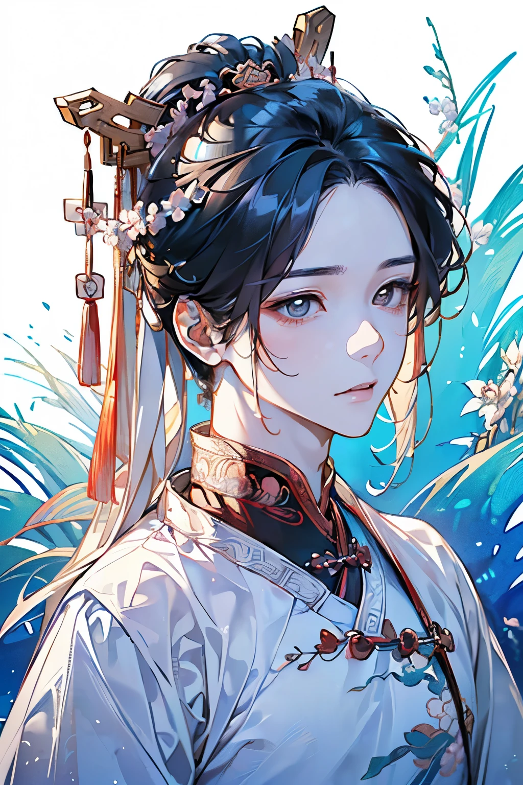 ((16歳くらいのmale性:1.2)),((male:1.4)),((Chinese military uniform:1.2)),((hanfu costume1.25)),((Gorgeous and voluminous outfit:1.3)),((costume by White color)),//((high quality:1.2)),((Shiny eyes:1.3)),((hanfu costume:1.35)),((beautiful image:1.2)),((high graphic:1.2)),Close-up of face