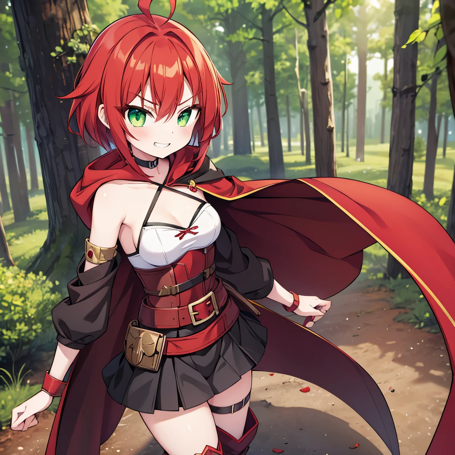 1girl,anime girl,Skinny,breast small,standing,villain pose, scarlet red hair,hair scarlet red and crimson red hair, medium hair,ahoge,aqua eyes,green eyes,White skin,smug,happy,grin,tunic,hood, bikini armor, cape,thigh strap,boots,armored boots,skirt,earclip,choker,fingerless gloves,leg belt,Forest Background,Medium Shot,Black,Green,Gray,Brown,forest,Leather Armor,Magic Robe,Man POV,Larissa, Demongirl, Amber eyes, Red Hair, Short, Hair, eyeliner