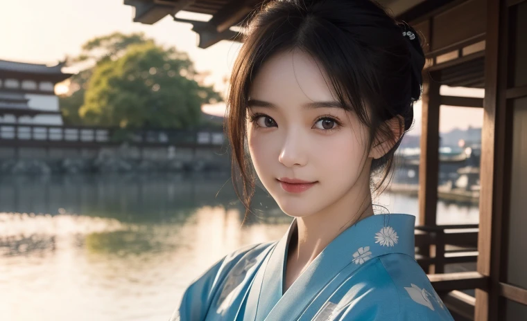 ((20-year-old))、yukata、(highest quality,masterpiece:1.3,超A high resolution,),(Super detailed,Caustics),(Realistic:1.4,RAW shooting,)Ultra-Realistic Capture,Very detailed,High resolution 16K human skin closeup、 The skin texture is natural、The skin looks healthy、The color is also uniform..、 Use natural light and color,1 girl,Black Hair,,smile,,(Written boundary depth、chromatic aberration、、Wide range of lighting、Purely Japanese face、Small eyes、Kyoto cityscape、dusk