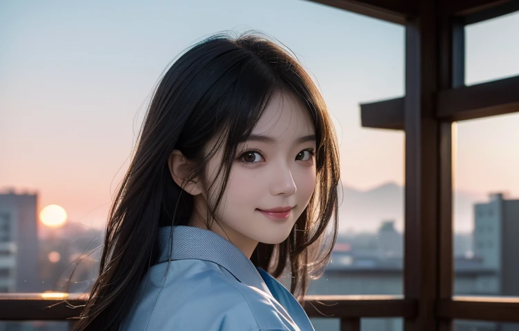 ((20-year-old))、yukata、(highest quality,masterpiece:1.3,超A high resolution,),(Super detailed,Caustics),(Realistic:1.4,RAW shooting,)Ultra-Realistic Capture,Very detailed,High resolution 16K human skin closeup、 The skin texture is natural、The skin looks healthy、The color is also uniform..、 Use natural light and color,1 girl,Black Hair,,smile,,(Written boundary depth、chromatic aberration、、Wide range of lighting、Purely Japanese face、Small eyes、Kyoto cityscape、dusk