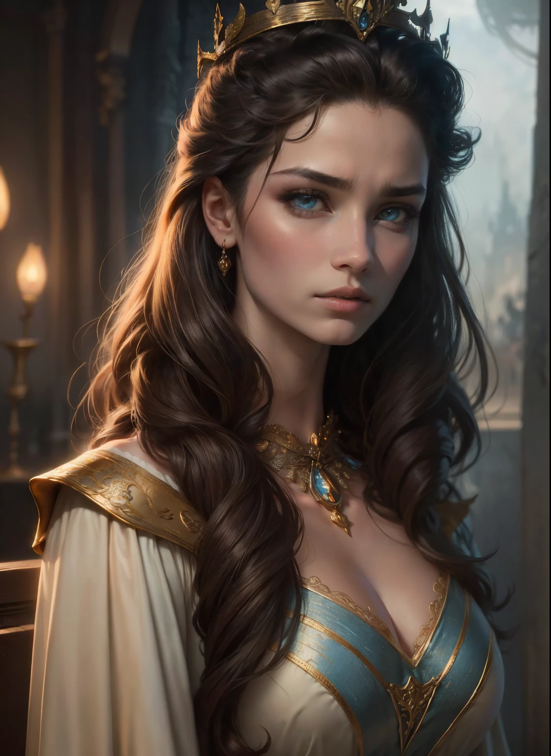 One girl、PRİNCESS、Confused、Worried look、long flowing hair、Beautiful and detailed eyes、Beautiful and detailed lips、crown、elegant dresses、Intricate details、Dramatic lighting、cinematic、Fantasy、digital art、Extremely detailed、8K、masterpiece、Photorealistic、Dramatic colors、cinematic照明