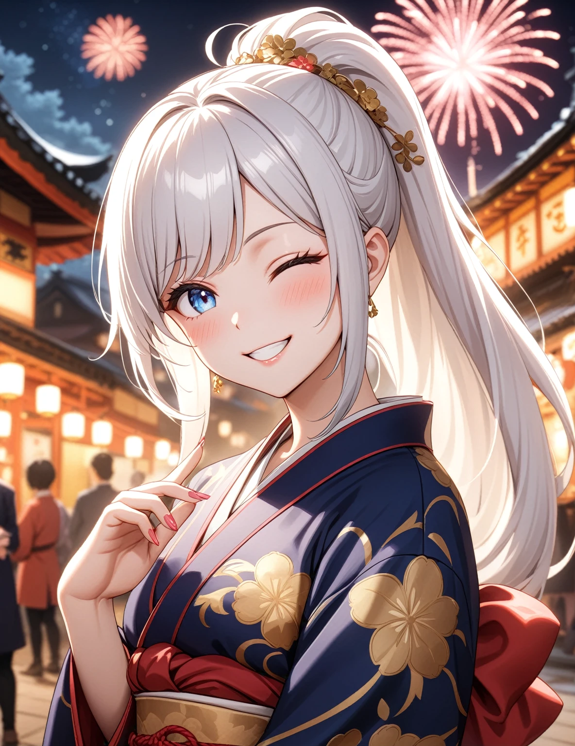 ((one personの女性)), Beautiful Face,Happy expression,Laugh embarrassedly,((Wink:2.0)),turn bright red,Glossy pink lips,French Nails,night,Shrine festival sexpensives,firework, ((Anime style background)),masterpiece, highest quality, so beautiful, Latest, Complex details, (Pink long nails),AI-generated, Complex,High resolution, highest quality, super high quality,3D Images、View your viewers、3D Images,one person,Long white hair,High Ponytail,blue eyes,Anime woman posing for a photo, [[Fine grain、Colorful eyes、Shining Eyes:1.15]],(Squint your eyes:1.1),a hyperRealistic , hyperRealistic , Realistic,Long haired white hair anime woman, Smooth anime CG art, A woman in a colorful kimono with gold embroidery, (Black kimono),Red floral pattern,Long flower hair ornament,Big earrings,Choker with charm,(Big Breasts:1.4),Mature Body,expensive,Big Ass,Fine details,Tight waist,Abdominal muscles,Tilt your face,Put your hands on your face