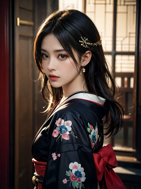 japanese style、one girl、princess、confused、worried look、long flowing hair、beautiful and detailed eyes、beautiful and detailed lips...