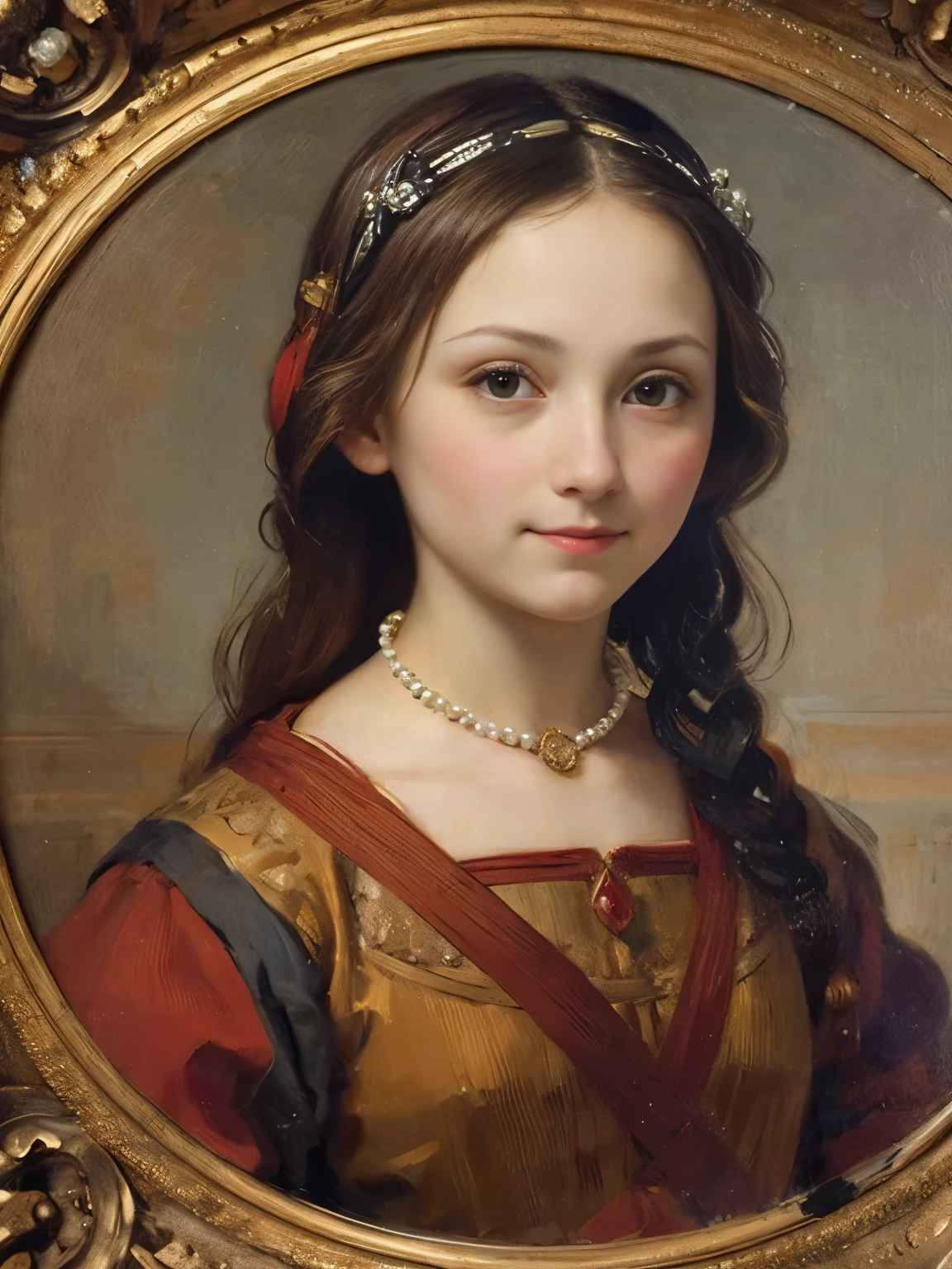 an oil painting，da vinci art style。Portrait of a beautiful maiden，with a round face，ssmile：1.37，Beautiful medieval clothing，pearls necklace，Artistic creativity:1.37,Oil brush strokes，Oil painting texture，Light and shadow composition