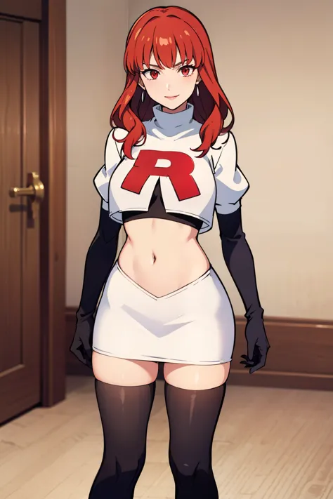 celica fe ,glossy lips, light makeup, eye shadow, earrings ,team rocket,team rocket uniform, red letter R, white skirt,white crop top,black thigh-high boots, black elbow gloves, evil smile, sexy pose