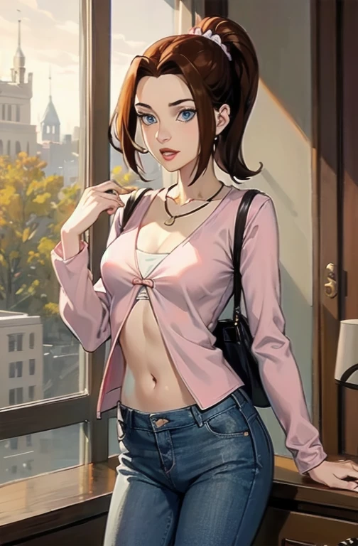 KittyPryde_Dress_ownwaifu, 1girl, brown hair, ponytail, necklace, jewelry, blue eyes,  lipstick,long sleeves, lips, long hair, medium breasts, blush, hair bun, scrunchie, makeup, red lips, hair ornament, jeans, denim,  shirt, blue pants, midriff, (bare midriff), navel, capri pants, pink jacket, cardigan,  absurdres, ultra detailed, masterpiece, best quality, aesthetic, detailed,