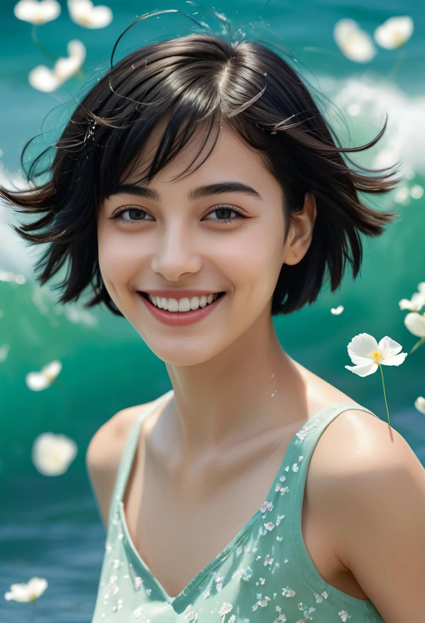 (best quality,4k,8k,highres,masterpiece:1.2),ultra-detailed,(Ultra-realistic, photorealistic,photo-realistic:1.37), Beautiful and delicate portrait of a playful cute girl with boyish short hair, Black Hair, Emerald Green Sea, Mischievous Smile, Dancing Petals, Floating petals in the background, Symmetrical face