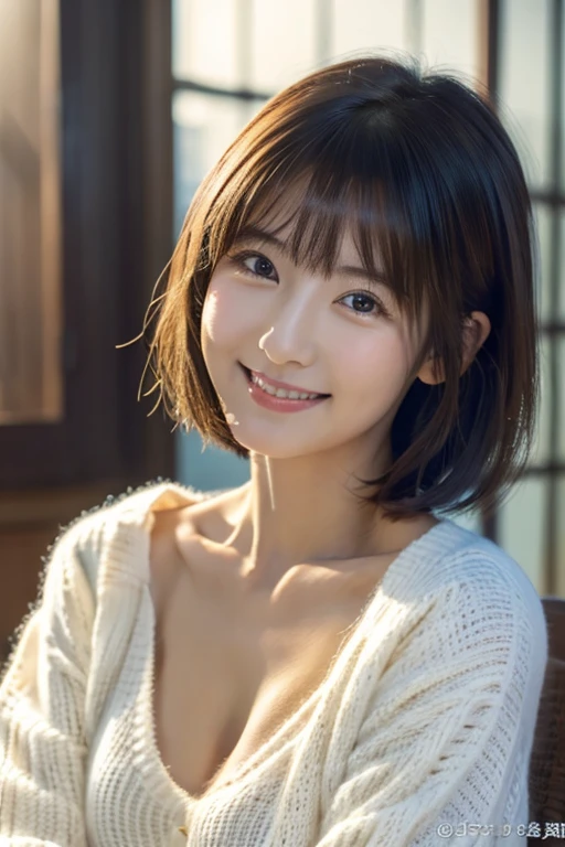 8k、highest quality、masterpiece、超A high resolution、Beautiful Japanese Woman、30 years old、looking at the camera、Transparent atmosphere、Sexy lips、With red cheeks、Face tilted at an angle, looking straight ahead、Fair and beautiful face、Black Hair、short hair、bangs、A cool smile、Natural soft light、Winter clothes、Ample breasts、Cleavage、indoor