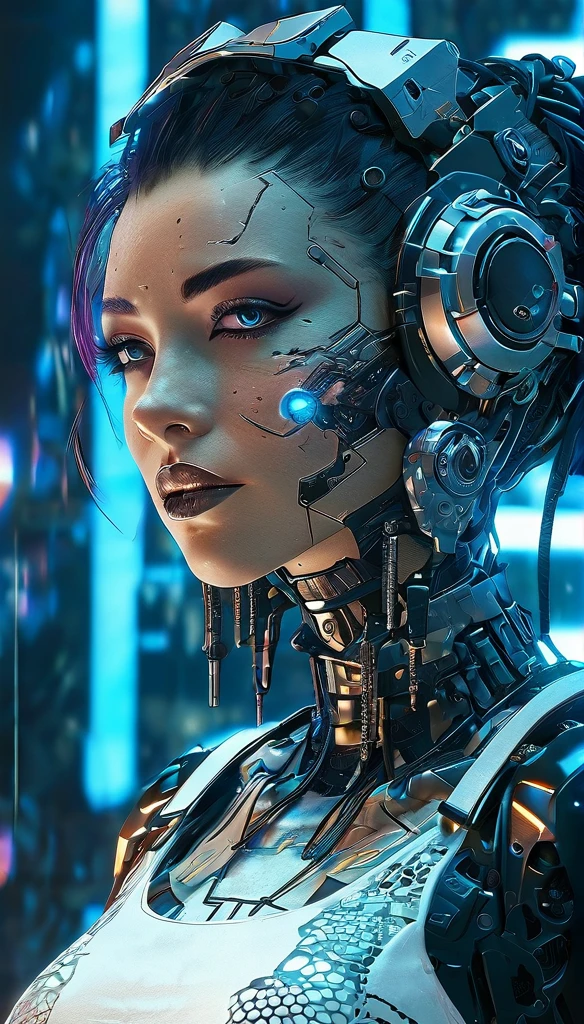 cyberpunk girl, sexy gorseit, white lace, sexy look, guns, cybernetics, mechanical parts, detailed face, beautiful detailed eyes, beautiful detailed lips, extremely detailed eyes and face, long eyelashes, photorealistic, hyper detailed, 8k, best quality, masterpiece, cinematic lighting, vibrant colors, moody atmosphere, dramatic lighting