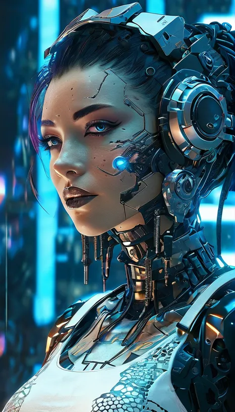 cyberpunk girl, sexy gorseit, white lace, sexy look, guns, cybernetics, mechanical parts, detailed face, beautiful detailed eyes...
