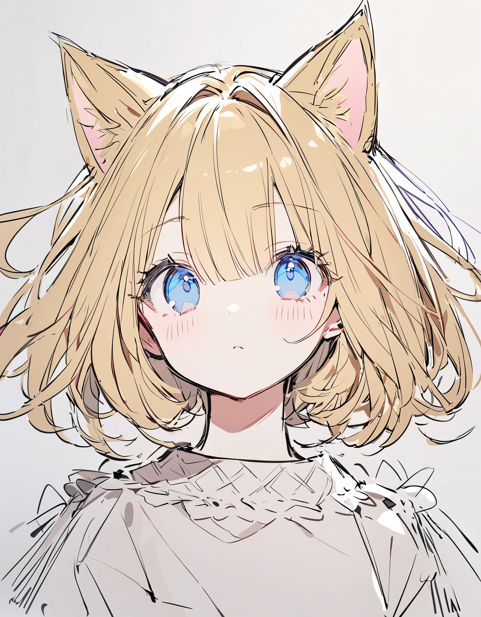 (Sketches), (close), (Small body), (Pink Cheeks), (Golden cat ears), (Cute cat ears),Golden Hair, (Short Bob Hair:1.4), (Blue eyes), (Big Hair) , (fringe), (More about the Strand), (White Background),