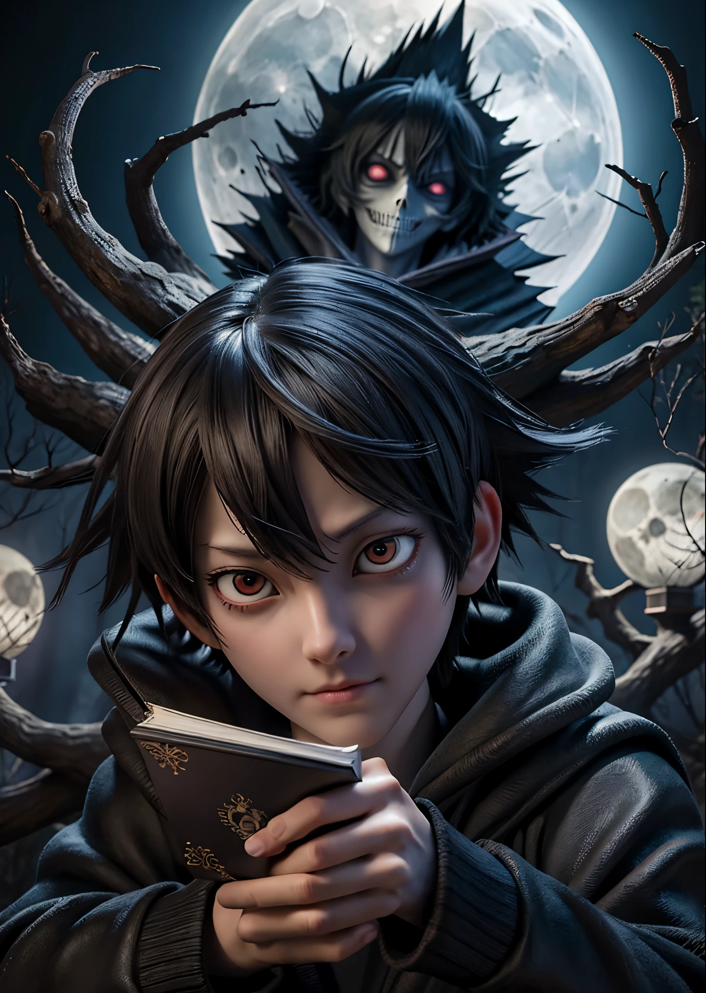 aviso de muerte、Shinigami Ryuk、Bosque oscuro de árboles muertos、noche de Luz de Luna、luz de la luna、Iluminación perfecta、enfoque nítido、alta definición、Alta resolución、Alta reproducción cromática、Alta resolución、Ultrarrealista、foto realista 