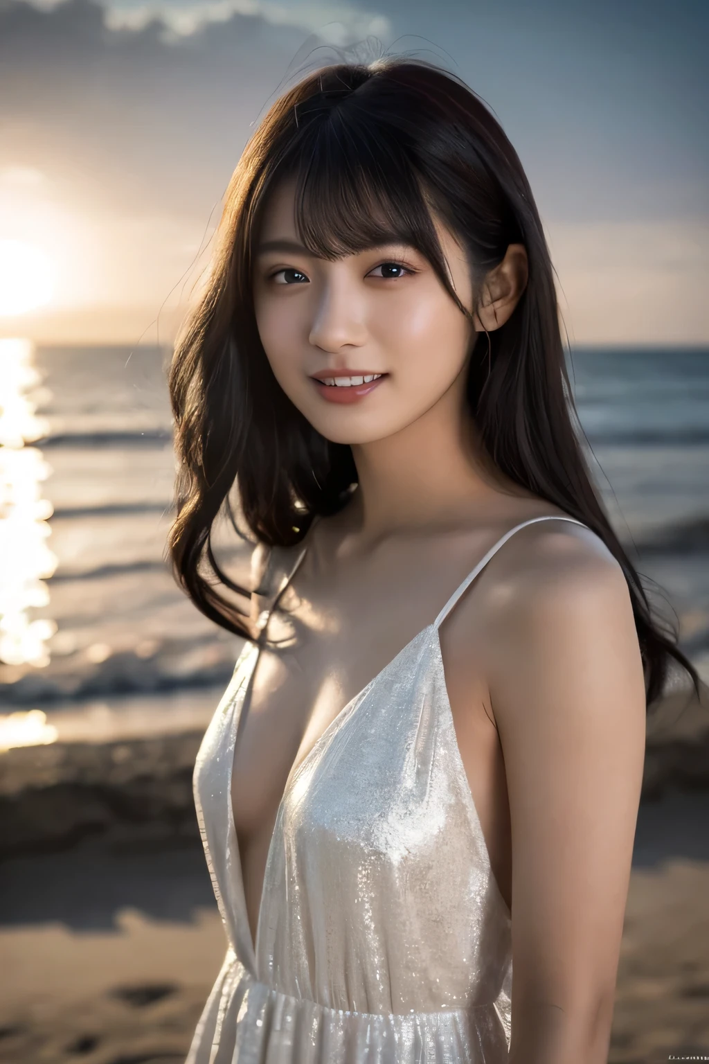 1 girl, (Wear a clean white summer dress:1.2), Very beautiful Japanese idol portraits, 
(RAW Photos, highest quality), (Realistic, Realistic:1.4), (masterpiece), 
Very delicate and beautiful, Very detailed, 2k wallpaper, wonderful, finely, Very detailed CG Unity 8K wallpaper, Very detailed, High resolution, Soft Light, 
Beautiful detailed girl, Very detailed目と顔, Beautiful and sophisticated nose, Finely beautiful eyes, Cinema Lighting, 
(Fashion magazine photography:1.3), (Evening sea), (The beach illuminated by afterglow), (The shimmering glow of the ocean surface), (Deep red color scheme:1.4)
(Semi-long hair), (smile),
Complete Anatomy, Slender body, Small breasts, Cowboy Shot