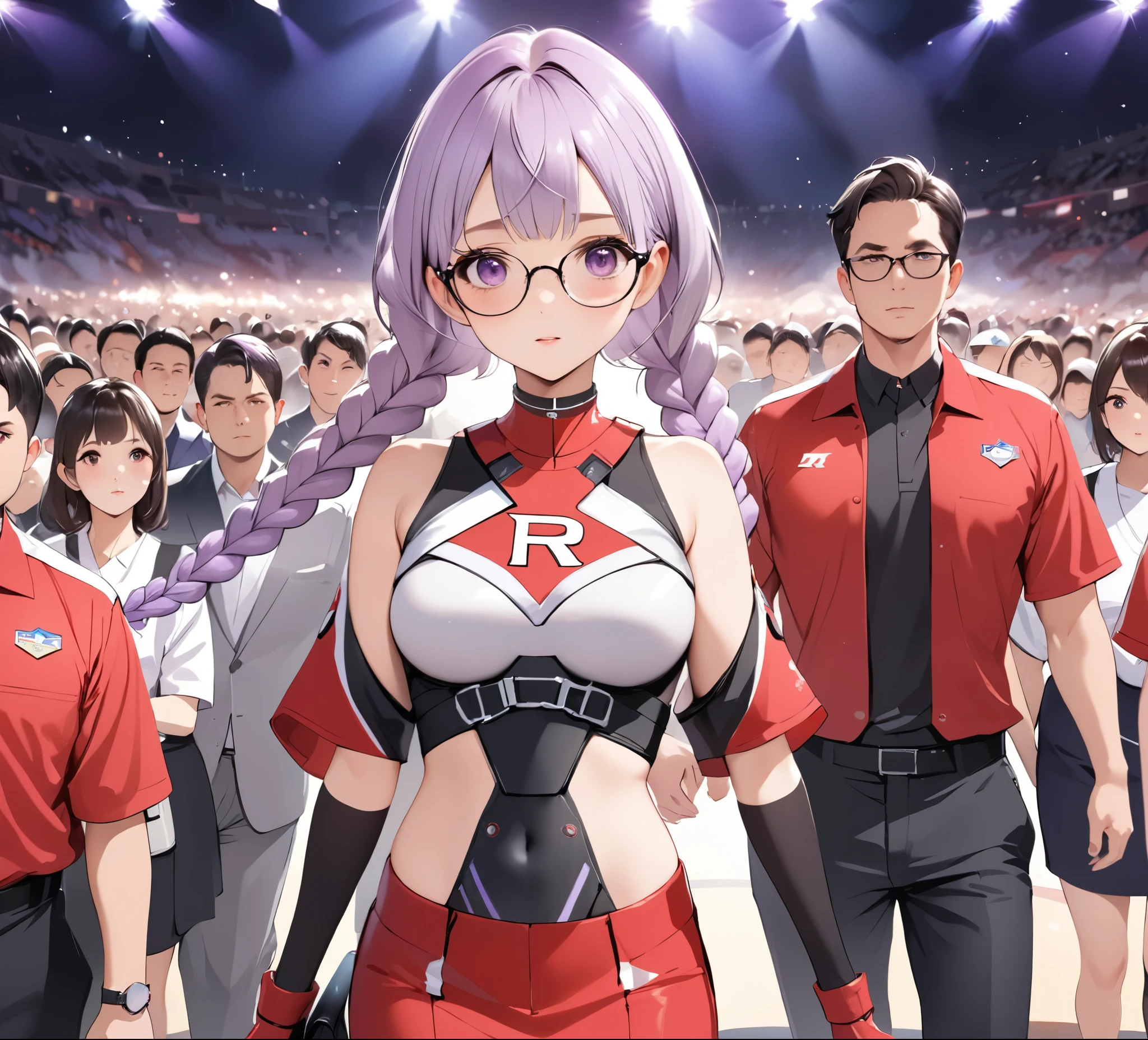 best quality, (masterpiece:1.2), illustration, absurd, Japanese cartoons,
(A man，A woman(Purple and White Gradient Double Braids)), 
Glasses, Rockets,Rockets uniform, Red letter R, White short top,Black elbow gloves
 (looking at the audience)