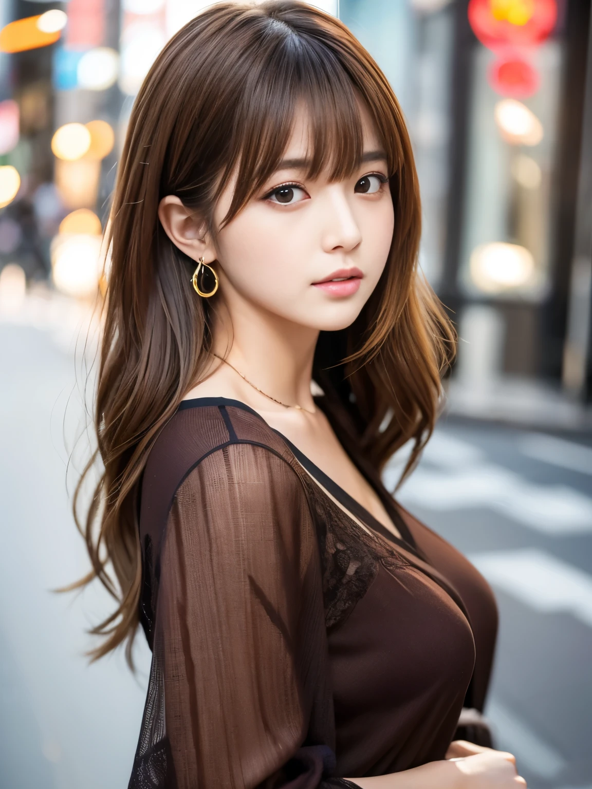 Ultra High Definition, Superior Quality, Premier Quality, ultra detailed, Photorealistic, 8k, RAW Photos, highest quality, masterpiece, Attractive girl, Stunning girl, Brown Hair, Shoulder Length Layered, asymmetrical bangs, Japanese Idol, Sophisticated, Stylish, blouse,Shibuya, 