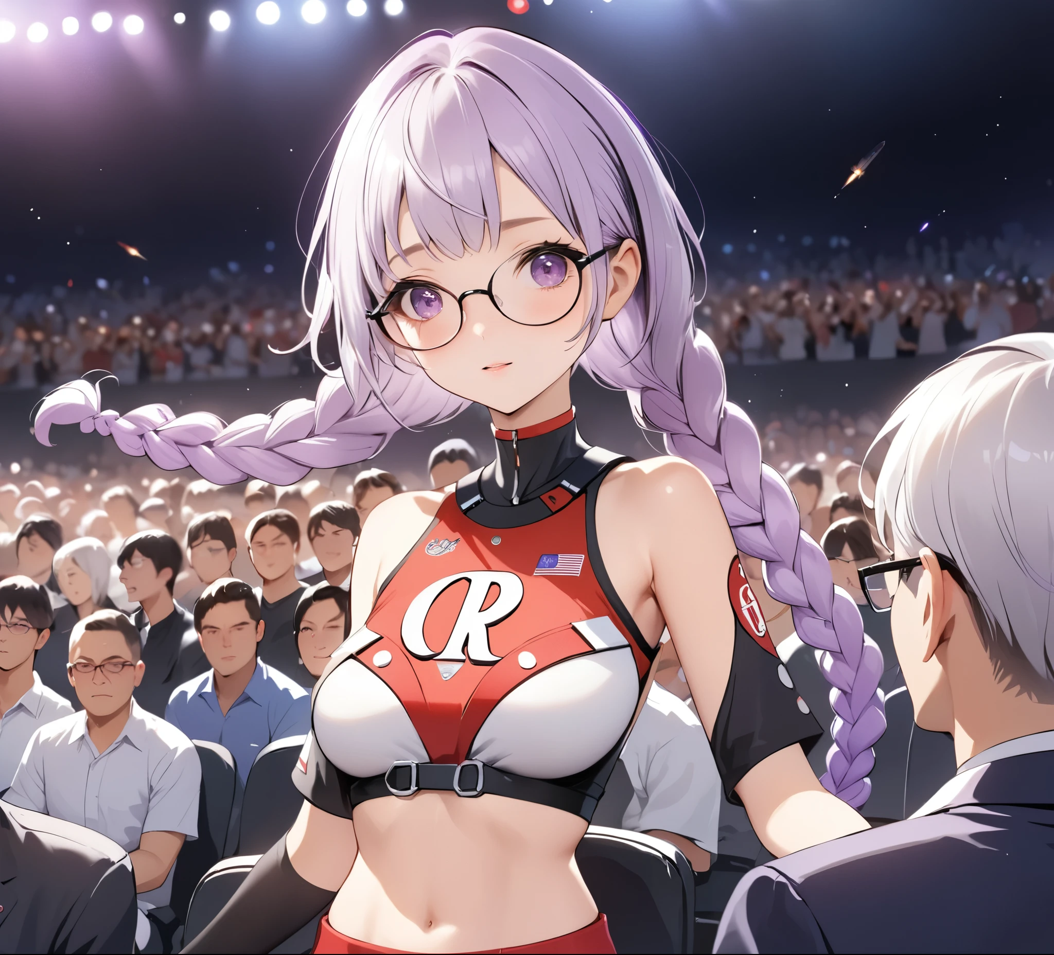 best quality, (masterpiece:1.2), illustration, absurd, Japanese cartoons,
(A man，A woman(Purple and White Gradient Double Braids)), 
Glasses, Rockets,Rockets uniform, Red letter R, White short top,Black elbow gloves
 (looking at the audience)