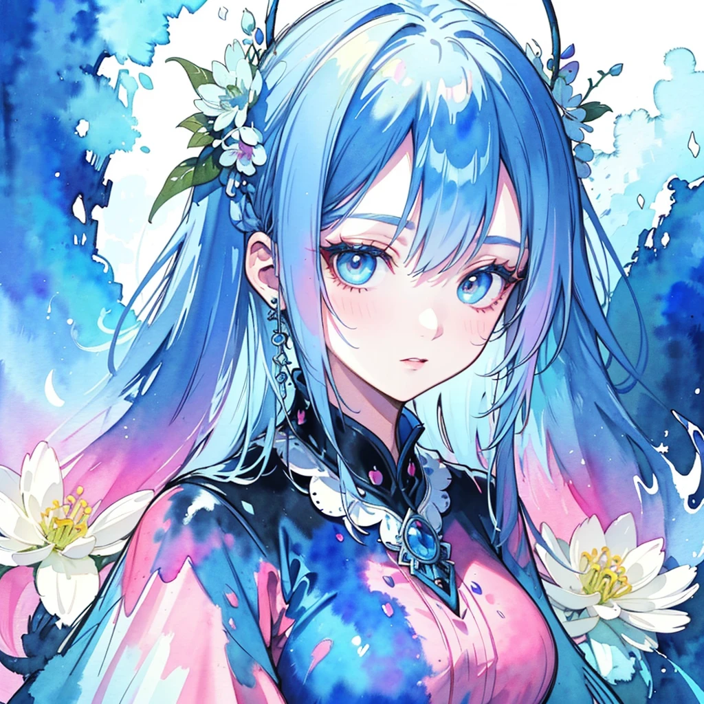 (best quality),(masterpiece:1.2), (colorful:0.9), (ink splashing),(color splashing),((watercolor)), clear sharp focus, model shot,, (portrait goddess of spring:1.5), cute expression,elegant blue colored hair, beautyfull detailed face and eyes, elegant goddess clothing, spring forest background,, colorwater