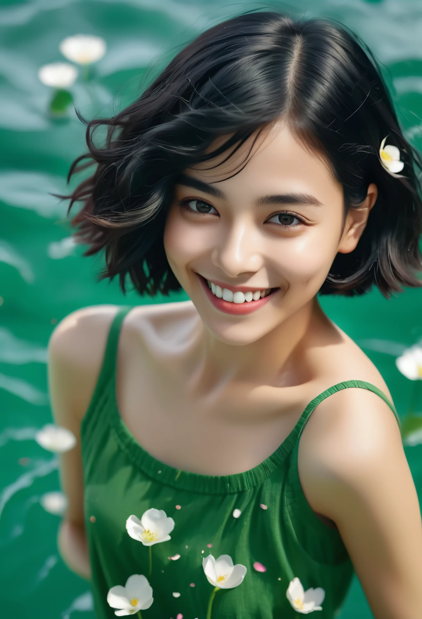 (best quality,4k,8k,highres,masterpiece:1.2),ultra-detailed,(Ultra-realistic, photorealistic,photo-realistic:1.37), Beautiful and delicate portrait of a playful cute girl with boyish short hair, Black Hair, Emerald Green Sea, Mischievous Smile, Dancing Petals, Floating petals in the background, Symmetrical face