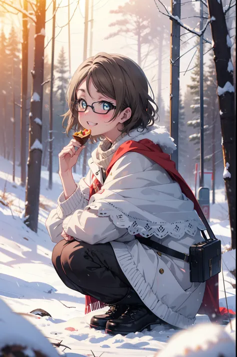 Yo Watanabe, Yu Watanabe, short hair, blue eyes, Brown Hair, smile, Grin,Mid-chest,Black-rimmed glasses,
Open your mouth,snow,Gr...