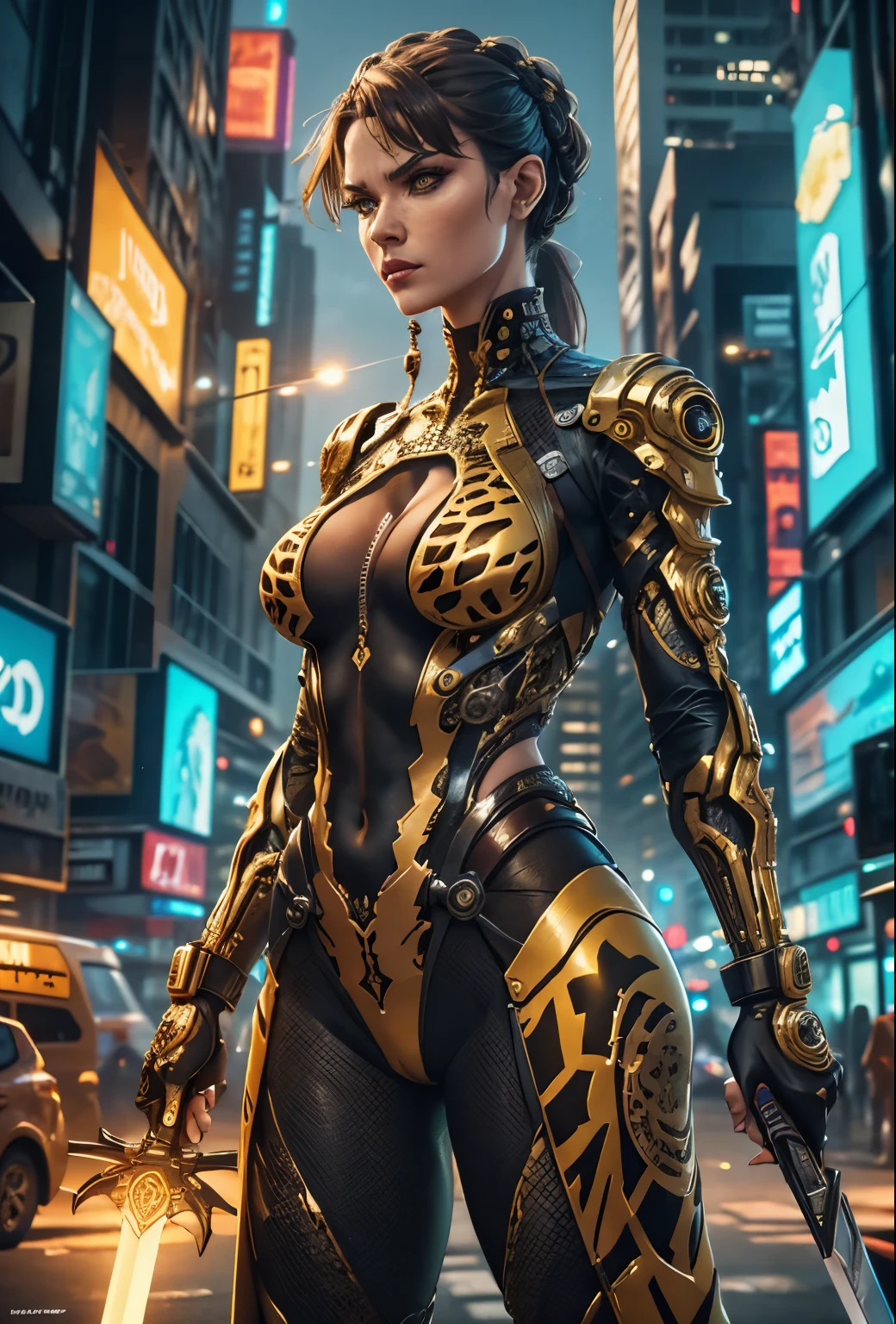 a (giraffe pattern outfit) yellow and black outfit,sword,beautiful cyberpunk woman,cyberpunk angry gorgeous goddess,beautiful cyborg girl ,hyper realistic,intricate details,cinematic lighting,vibrant colors,award winning,stunning,masterpiece