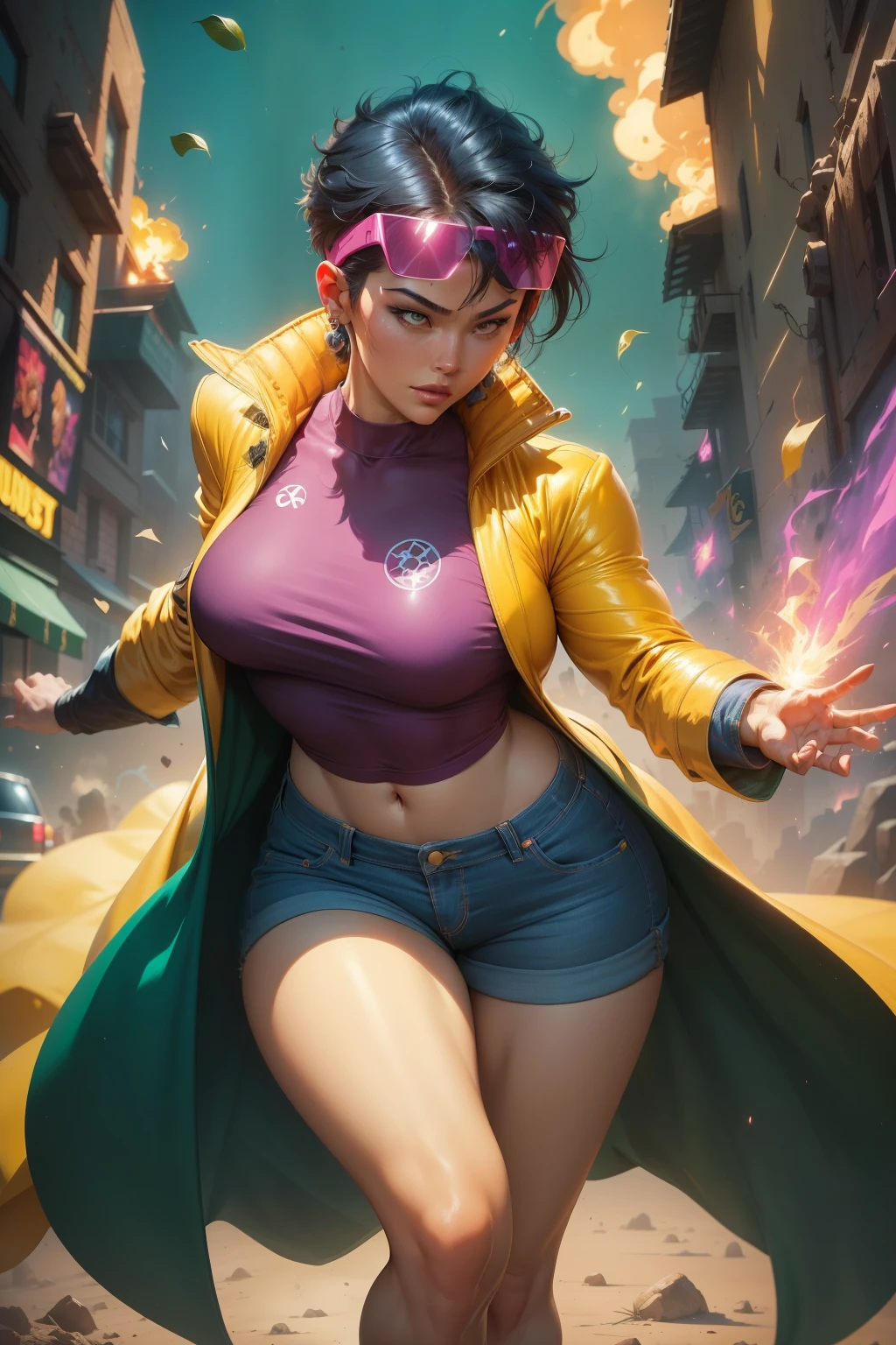 ((Ein Comic-Stil, Cartoon-Kunst))). Jubilee trägt ihr charakteristisches Outfit. In heroischer Kampfpose, 1 Mädchen, Allein, einsam, Asiatin, (((trägt blaue Jeansshorts))), kurze schwarze Haare, braune Augen, (((trägt einen gelben Mantel und blaue Jeansshorts))), riesige rosa Sonnenbrille, in dynamischer Heldenpose. Feuerstöße konzentrierter Plasmaenergie aus deinen Händen (((schlanker heißer Körper))), das vor Kraft zu pulsieren scheint. ((Comic-Hintergrund mit Neonfarben)) , lebendige Farben, ausführlich, ausführlich face, realistische Schatten und helle, glühend. ((Filmische Beleuchtung)). 