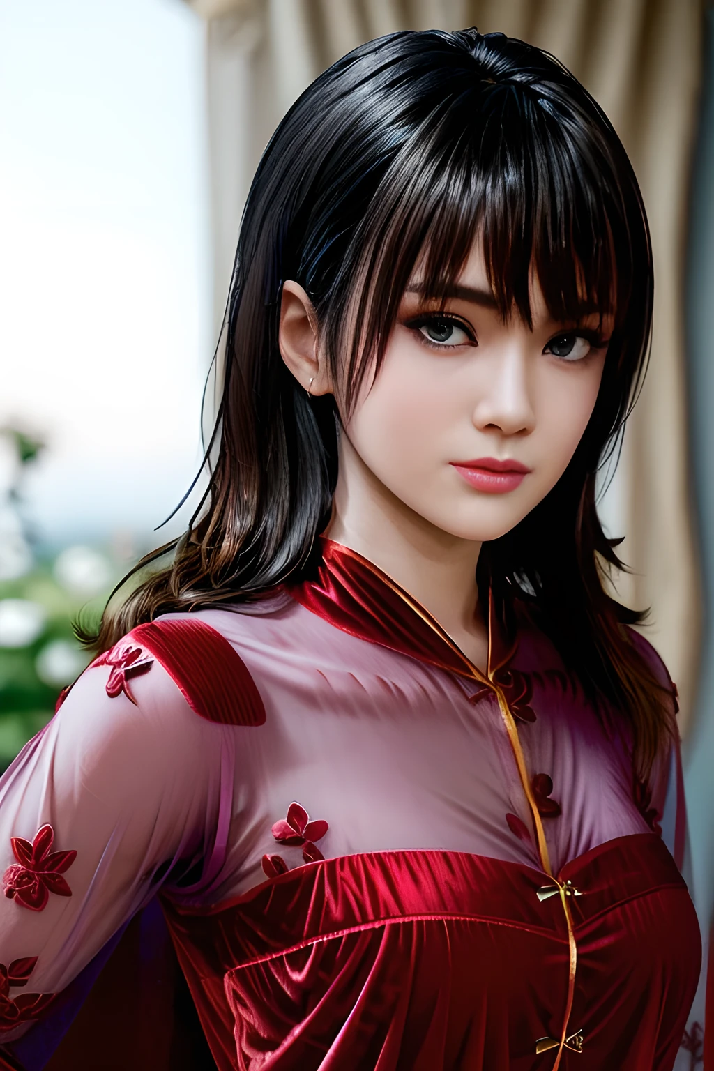 1girl,(RED theme: 1.2), (Sheer fabric pajamas: 1.5),(Velvet fabric robe: 1.5), (Ice flower Robe: 1.4), ,garden,moon,huge breasts,lactating,(lip gloss),(masterpiece), best quality, (real life portrait photography:1.5),unltra detailed,8K,Shot with a professional-grade camera like the Nikon D850,every intricate detail is captured, from the subtlest expression to the glimmer of anticipation in her eyes,,nanami