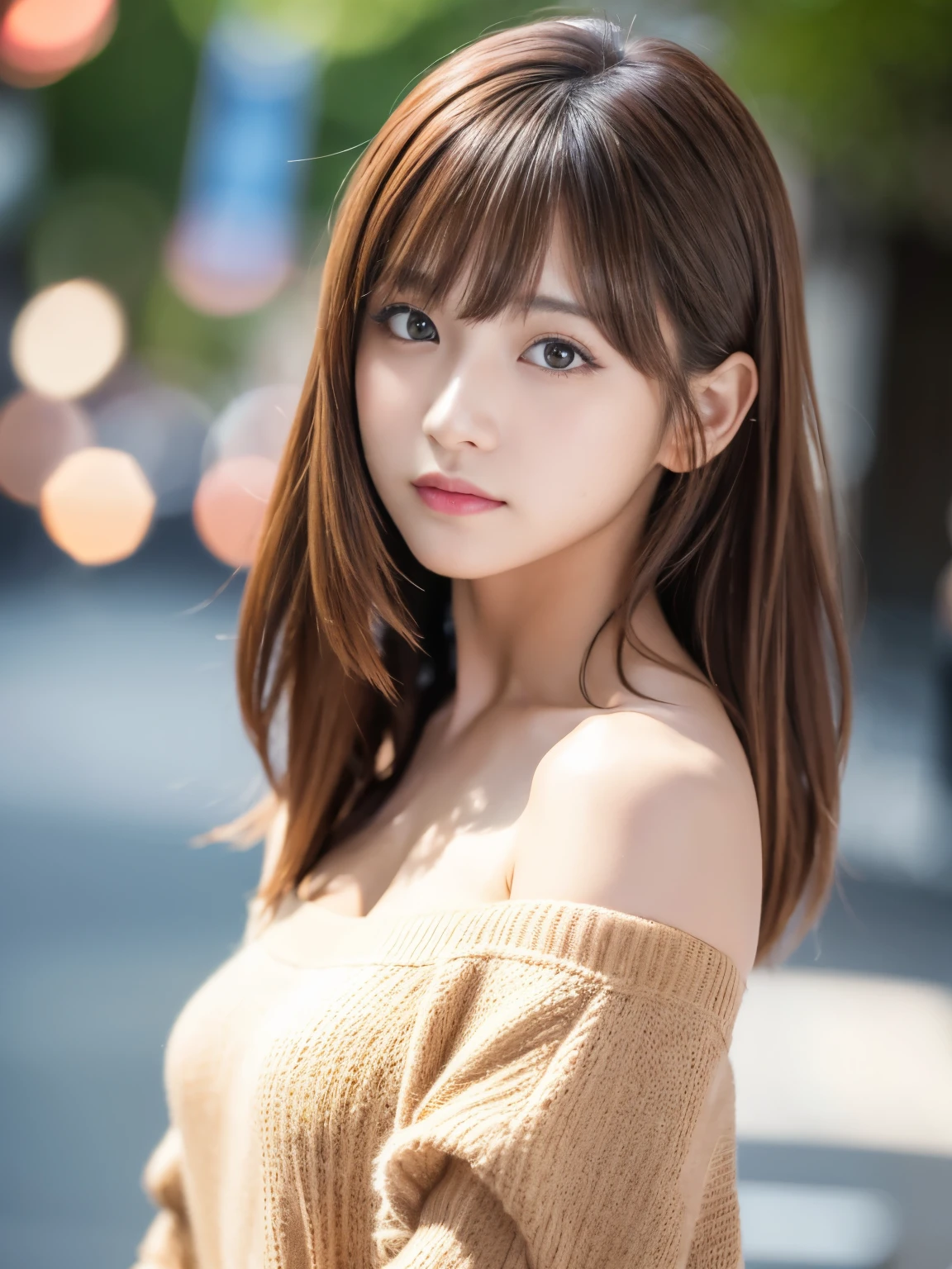 Ultra High Definition, Superior Quality, Premier Quality, ultra detailed, Photorealistic, 8k, RAW Photos, highest quality, masterpiece, Attractive girl, Stunning girl, Brown Hair, Shoulder Length Layered, asymmetrical bangs, Japanese Idol, Sophisticated, Stylish, Off-shoulder top, Shibuya, 