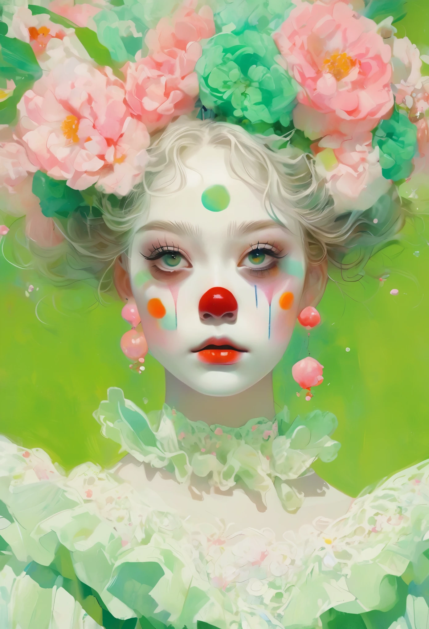 Clown makeup,Medium shot, Pastel painting of a young female, Two fluorescence angles, Startled look, black background, pale face, huge beautiful round eyes, long cilia, rococo style, fluorescent pink and green, by by Junji Ito, Inoue Takehiko, Julie Bell, realistic hyper-detail, exaggerated perspective, amazing moment, intricate illustrations, dynamic pose, uhd, 16k, Higher quality，White multi-layered lace，Exaggerated expression，Flowers