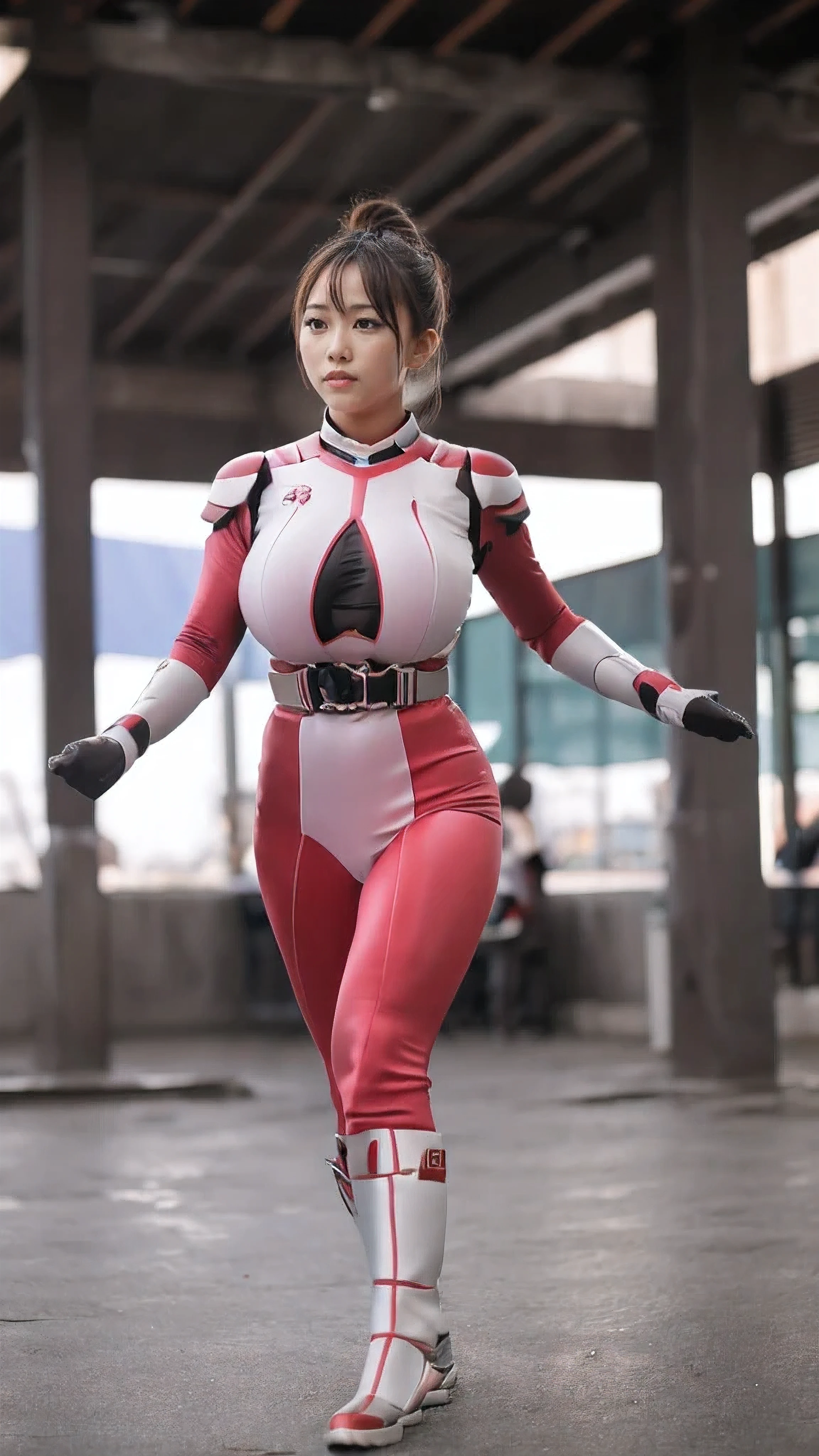 (highest quality、8K、32k、masterpiece、UHD:1.2、perfect body beauty:1.5、Wearing a shiny pale pink and white hero protector:1.8、Cute 25 year old Japan woman、big and full breasts:1.5、ponytail、Upper body、front、dynamic pose:1.5、NSWF:1.5