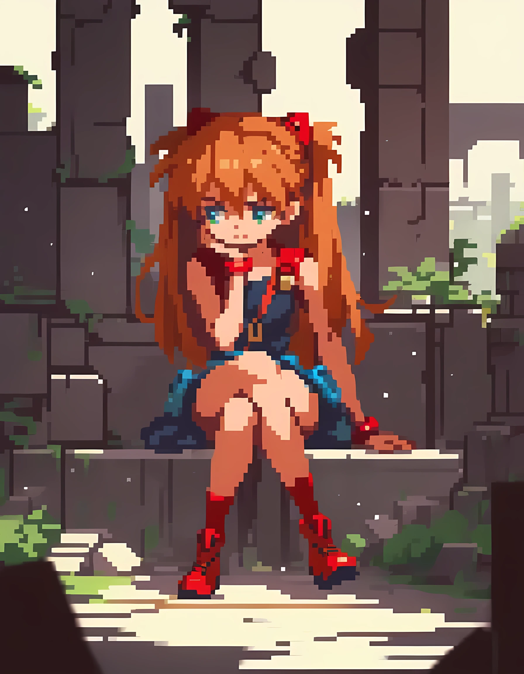 1girl, full body, solo, souryuu asuka langley, ruins background, crossed legs, sitting, sad, looking to the side, score_9, score_8_up, score_7_up, score_6_up, score_5_up,