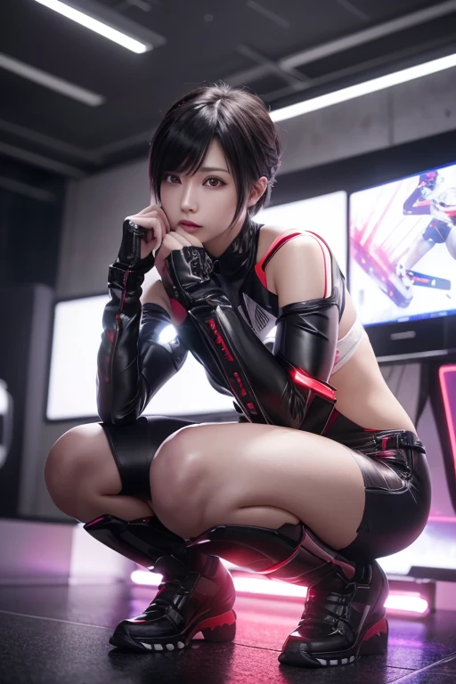 High resolution、8k、Digital Cyberpunk Art、Black short-cut hair、Shiny、(Wearing a red powered suit with white LED lights)、(Stand in front of many monitors)、Japanese Girls、(squatting, hands on head, scared)