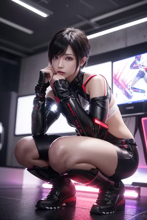 High resolution、8k、Digital Cyberpunk Art、Black short-cut hair、Shiny、(Wearing a red powered suit with white LED lights)、(Stand in...