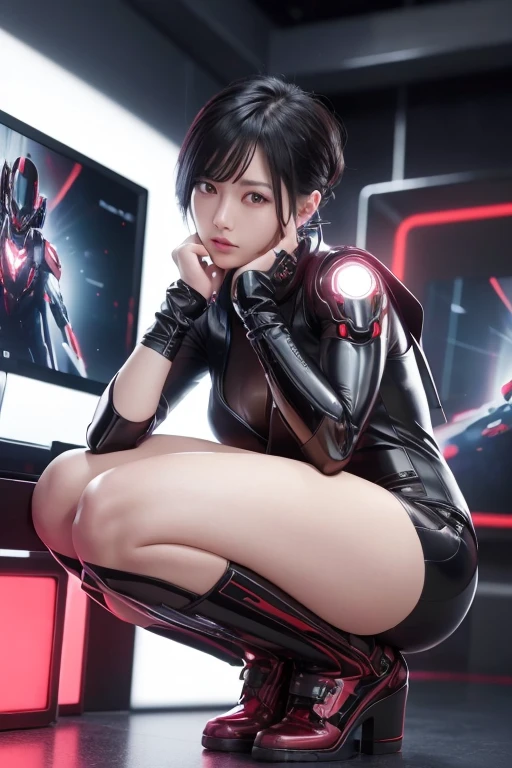 High resolution、8k、Digital Cyberpunk Art、Black short-cut hair、Shiny、(Wearing a red powered suit with white LED lights)、(Stand in front of many monitors)、Japanese Girls、(squatting, hands on head, scared)