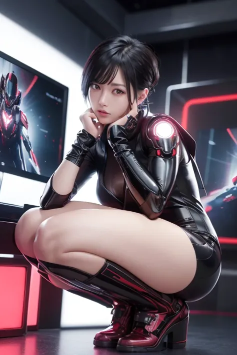 High resolution、8k、Digital Cyberpunk Art、Black short-cut hair、Shiny、(Wearing a red powered suit with white LED lights)、(Stand in...