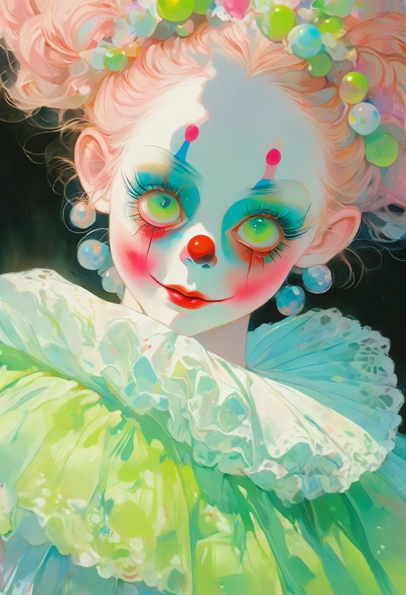 Clown makeup,Medium shot, Pastel painting of a young female, Two fluorescence angles, Startled look, black background, pale face, huge beautiful round eyes, long cilia, rococo style, fluorescent pink and green, by by Junji Ito, Inoue Takehiko, Julie Bell, realistic hyper-detail, exaggerated perspective, amazing moment, intricate illustrations, dynamic pose, uhd, 16k, Higher quality，White multi-layered lace，Exaggerated expression，Flowers