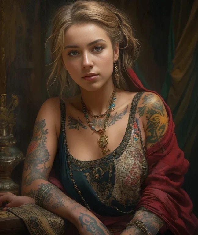 Masterpiece, upper body portrait, girl, tattoos, middle ages, traditional clothing, classicism, andrey atroshenko style, painting, traditional media, realistic, figurative, fine art, oil on canvas, HDR, 8K, original character, high resolution, high detail, focus on the face, intricate, flawless