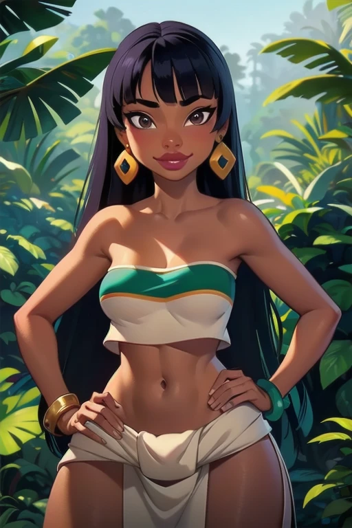 (masterpiece, best quality:1.3), 1girl, solo, chel_eldorado, black hair, long hair, blunt bangs, brown eyes, dark skin, lipstick, (Wearing: tube top, loincloth, emerald bracelet's and golden earrings:1.2), collarbone, bare shoulders, medium breasts, cleavage, midriff, wide hips, (Background: Outdoors, view of the rainforest, Inca temples in the surroundings), detailed background, detailed face, detailed eyes, hands on hips, looking at viewer, she's looking at the camera with a flirtatious smile
