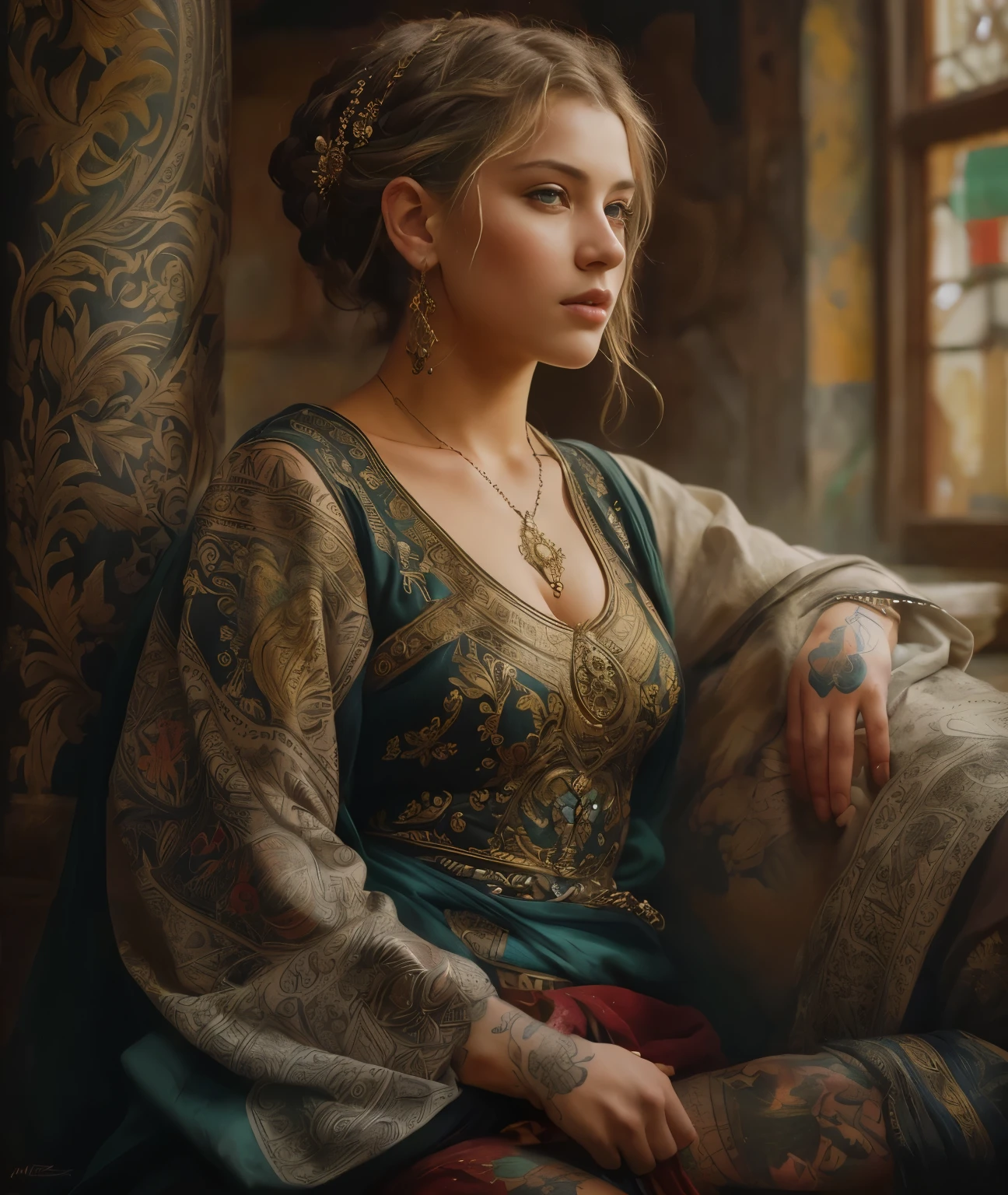 S&#39;IL VOUS PLAÎT corriger l&#39;image, chef-d&#39;œuvre, Portrait du haut du corps, fille, tatouages, Moyen-âge, habits traditionnels, classicisme, style Andreï Atrochenko, Peinture, Médias traditionnels, Réaliste, figuratif, beaux-arts, huile sur toile, HDR, 8k, Caractère original, haute résolution, Détails élevés, se concentrer sur le visage, complexe, impeccable