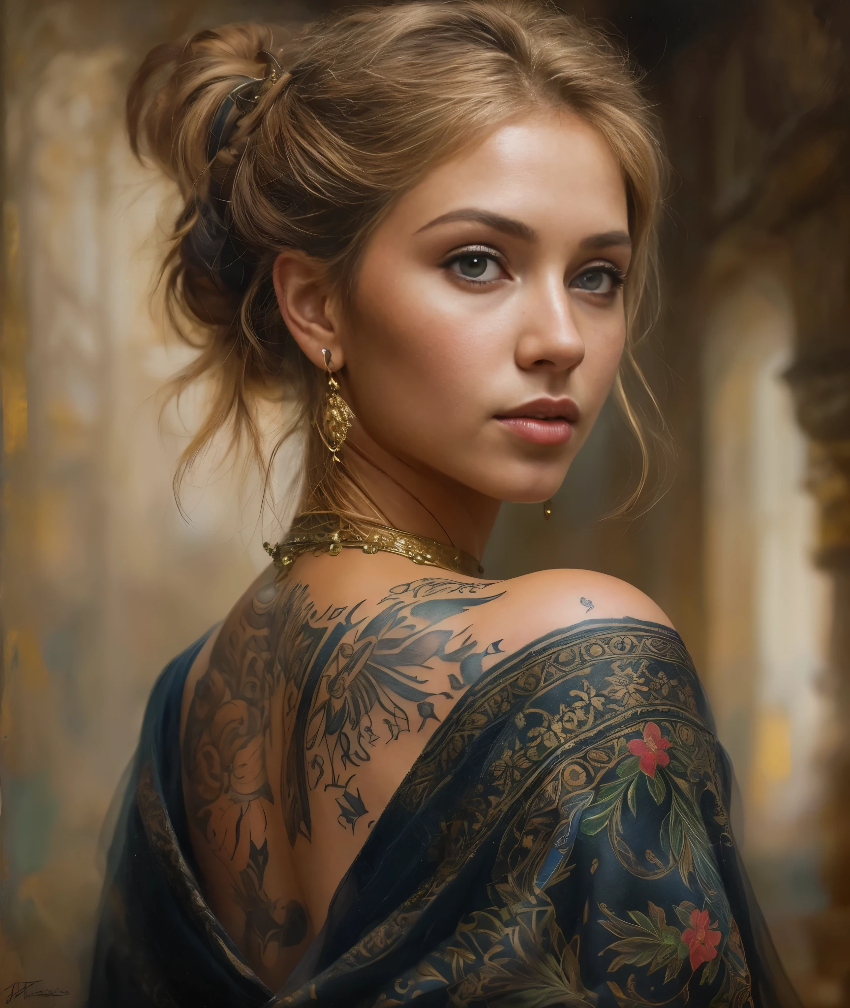 obra maestra, retrato de la parte superior del cuerpo, chica, tatuajes, Edad media, ropa tradicional, Clasicismo, estilo andréi atroshenko, cuadro, medios de comunicación tradicionales, Realista, figurativo, arte fino, óleo sobre lienzo, hdr, 8K, Personaje original, Alta resolución, Alto detalle, Centrarse en la cara, Intrincado, impecable