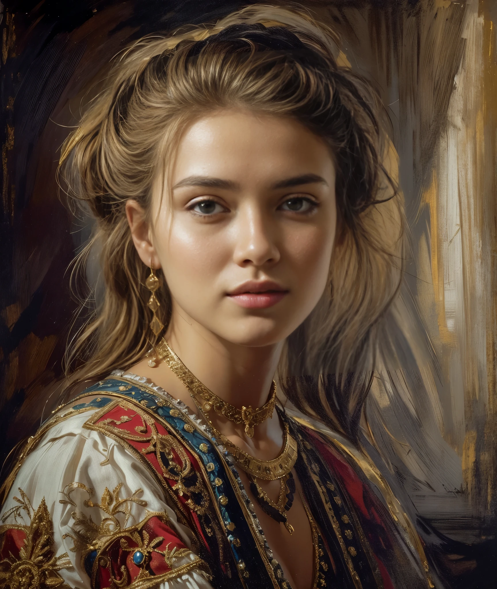 A painting of a woman with a very long hair and a necklace - SeaArt AI