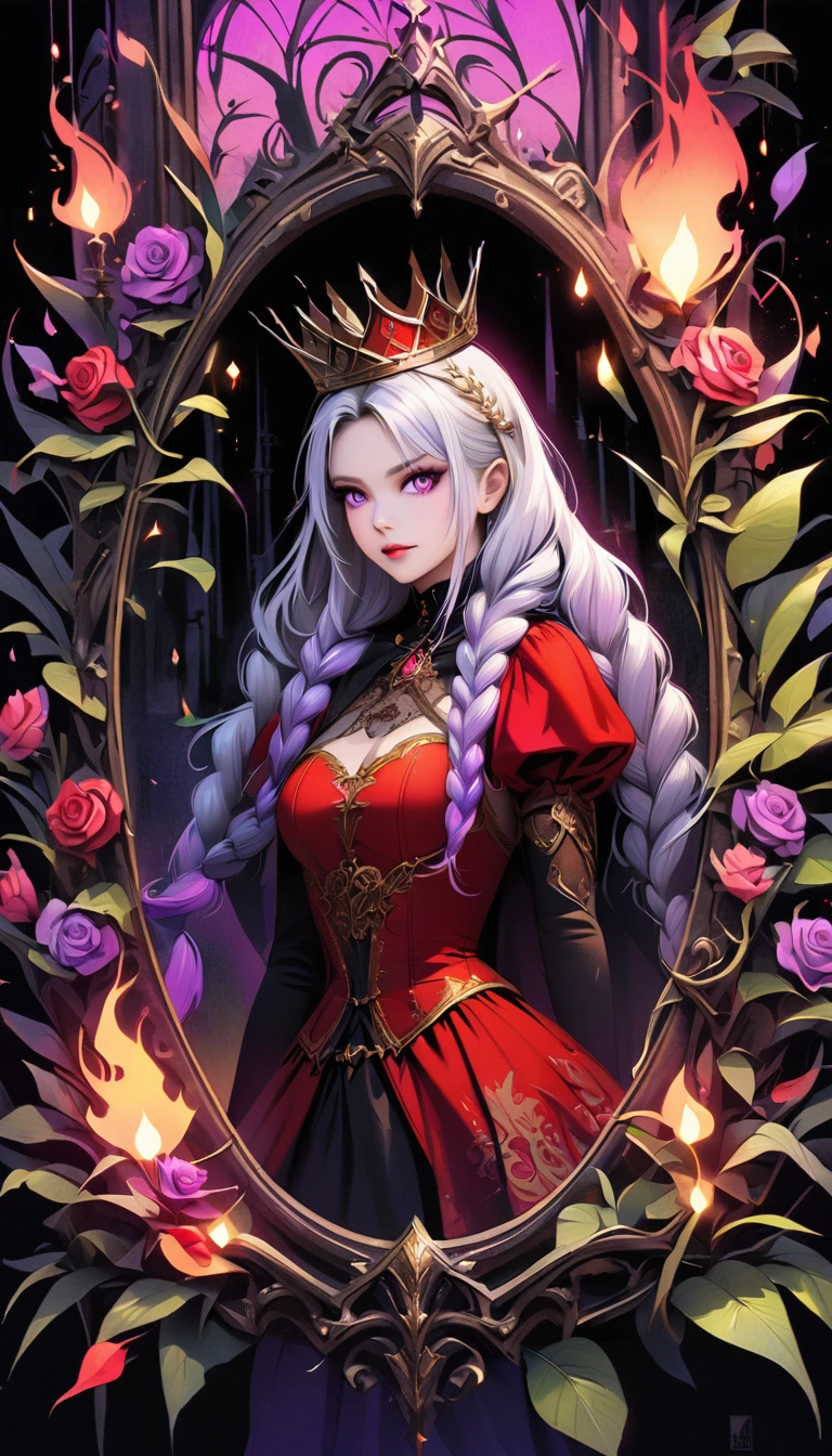 dark fantasy art, goethe art, Portrait of a female vampire, Absolutely beautiful, Pale skin, yinji, (purple hair, purple eyes, long hair, white hair, double braids, gradient hair, (White lace), She is wearing (Red: 1.3) Red dress, ArmoRedDress, Roses printed on skirt (Black: 1.4) , Dark Castle, Black and color, Dark art style, (The view behind the elegant foliage frame),crown, (Black light poster art), Mysterious portal background, Bright colors, (Magic Flame)