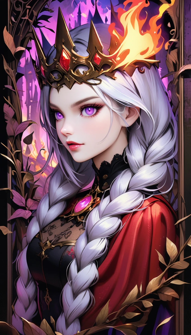 dark fantasy art, goethe art, Portrait of a female vampire, Absolutely beautiful, Pale skin, yinji, (purple hair, purple eyes, long hair, white hair, double braids, gradient hair, (White lace), She is wearing (Red: 1.3) Red dress, ArmoRedDress, Roses printed on skirt (Black: 1.4) , Dark Castle, Black and color, Dark art style, (The view behind the elegant foliage frame),crown, (Black light poster art), Mysterious portal background, Bright colors, (Magic Flame)