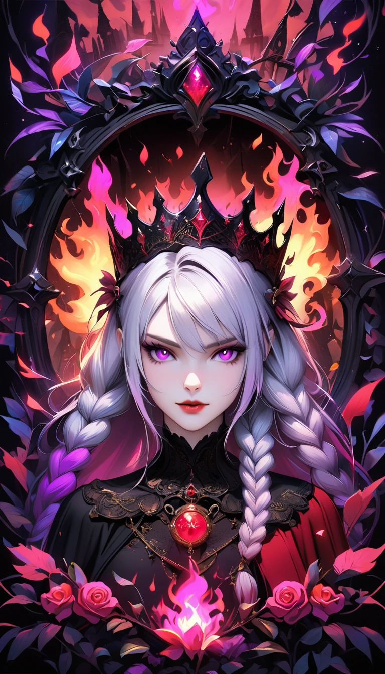 dark fantasy art, goethe art, Portrait of a female vampire, Absolutely beautiful, Pale skin, yinji, (purple hair, purple eyes, long hair, white hair, double braids, gradient hair, (White lace), She is wearing (Red: 1.3) Red dress, ArmoRedDress, Roses printed on skirt (Black: 1.4) , Dark Castle, Black and color, Dark art style, (The view behind the elegant foliage frame),crown, (Black light poster art), Mysterious portal background, Bright colors, (Magic Flame)